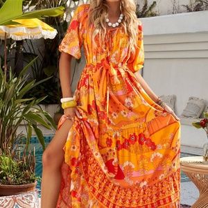 Bohemian Tie-Waist Tiered Maxi Dress